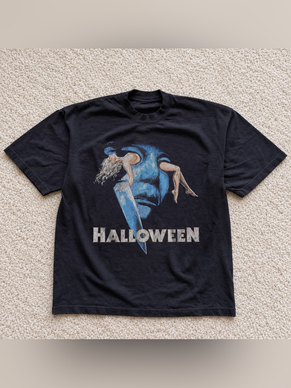 Gildan Reprint Black Halloween Graphic Tee with Blue and Gray Artwork